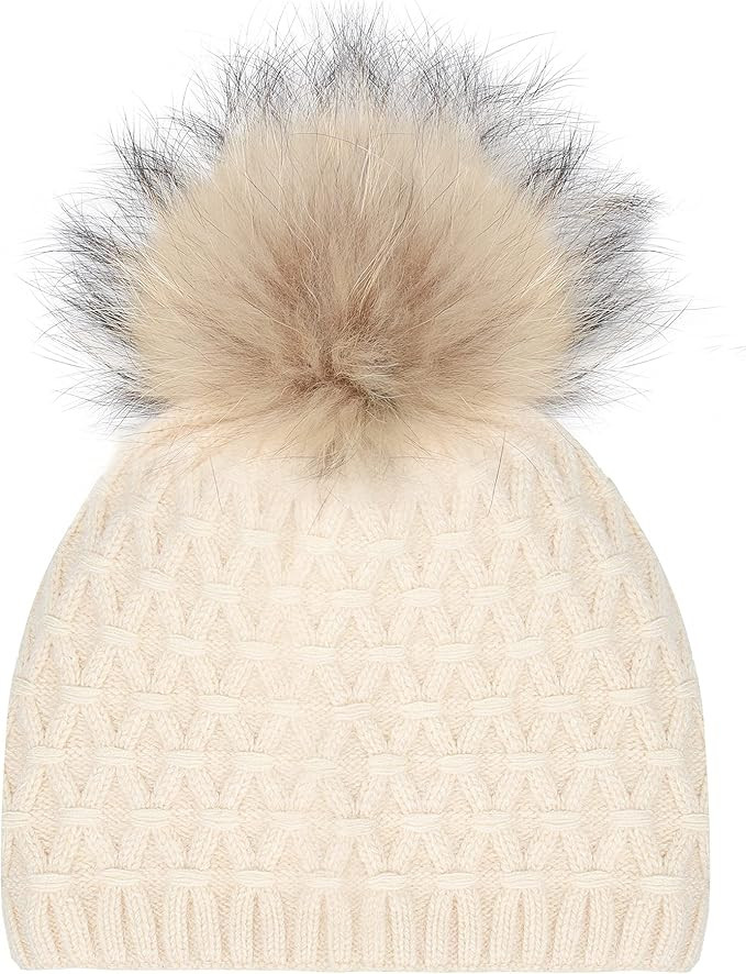 FXBSQF Women Double Cashmere Beanie,Pom Pom Beanie,Real Raccoon Bobble Beanie,Winter Warm Knitte... | Amazon (US)