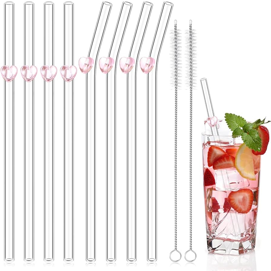 Yinkin 8 Pcs Reusable Glass Straws Cute Heart Glass Straw 8'' Bend with 2 Cleaning Brushes for Dr... | Amazon (US)