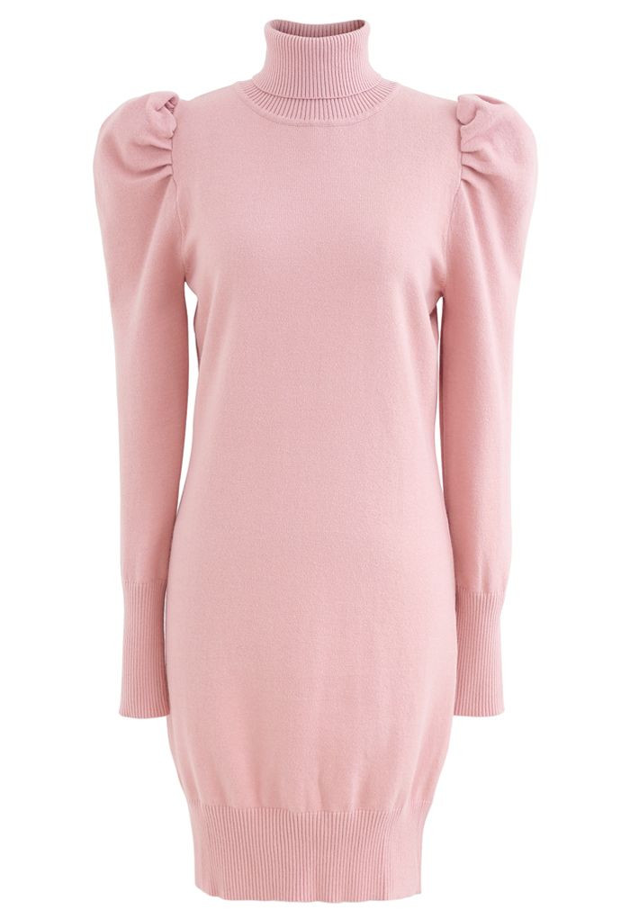 Bubble Shoulder Turtleneck Sweater Dress in Pink | Chicwish