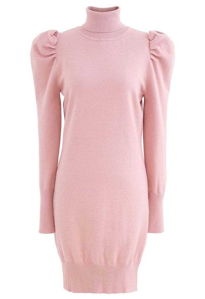 Bubble Shoulder Turtleneck Sweater Dress in Pink | Chicwish