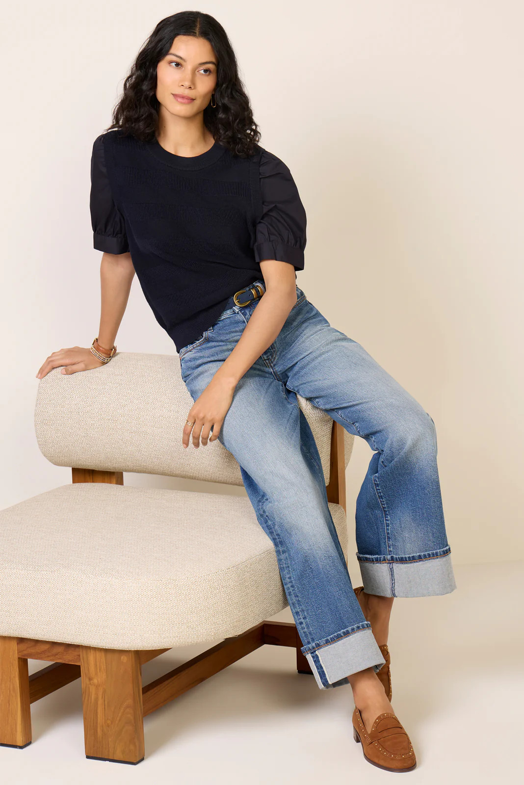 EVEREVE Women's Violet Puff Sleeve TwoFer Top, Size XL, Blue | Evereve