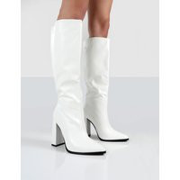 Posie White PU Knee High Block Heel Boots | Public Desire