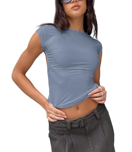 Open Back Top for Woman Sexy Backless T-Shirts Short Sleeve Cute Going Out Tops Slim Fit Crewneck Summer Casual Y2K Tops Blue | Amazon (US)