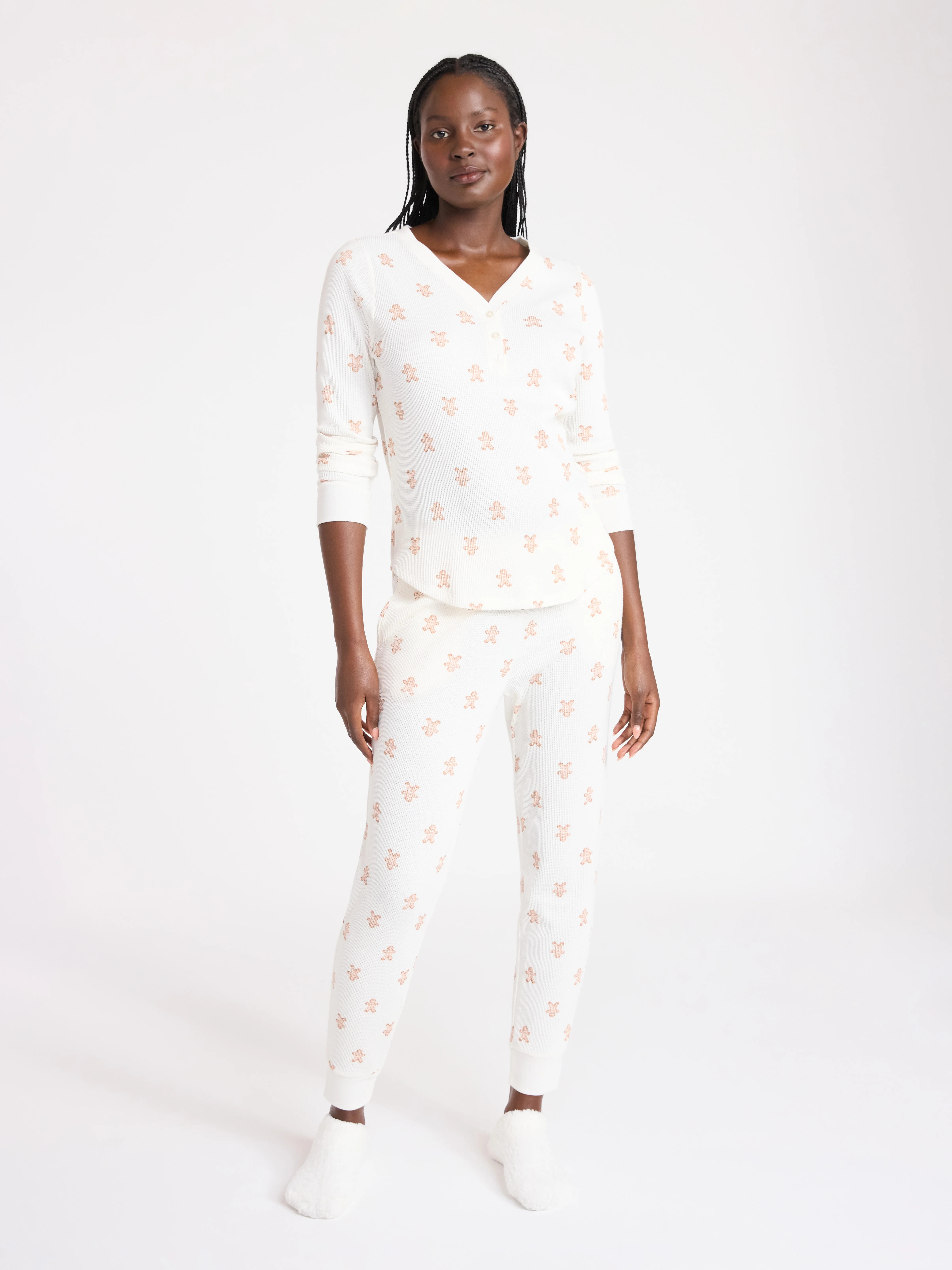 Joyspun Women's Waffle Knit Henley Sleep Top, Joggers and Socks Pajama Set, 3-Piece, Sizes XS-3X | Walmart (US)