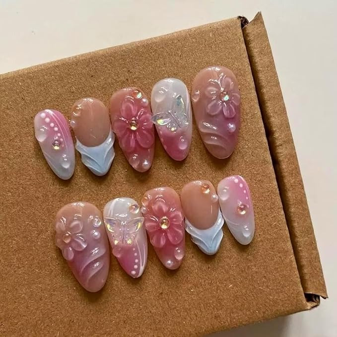 Press On Nails,Luxury Medium Almond 3D False Nails Women Reusable ABS Material Finger Printed Nai... | Amazon (US)