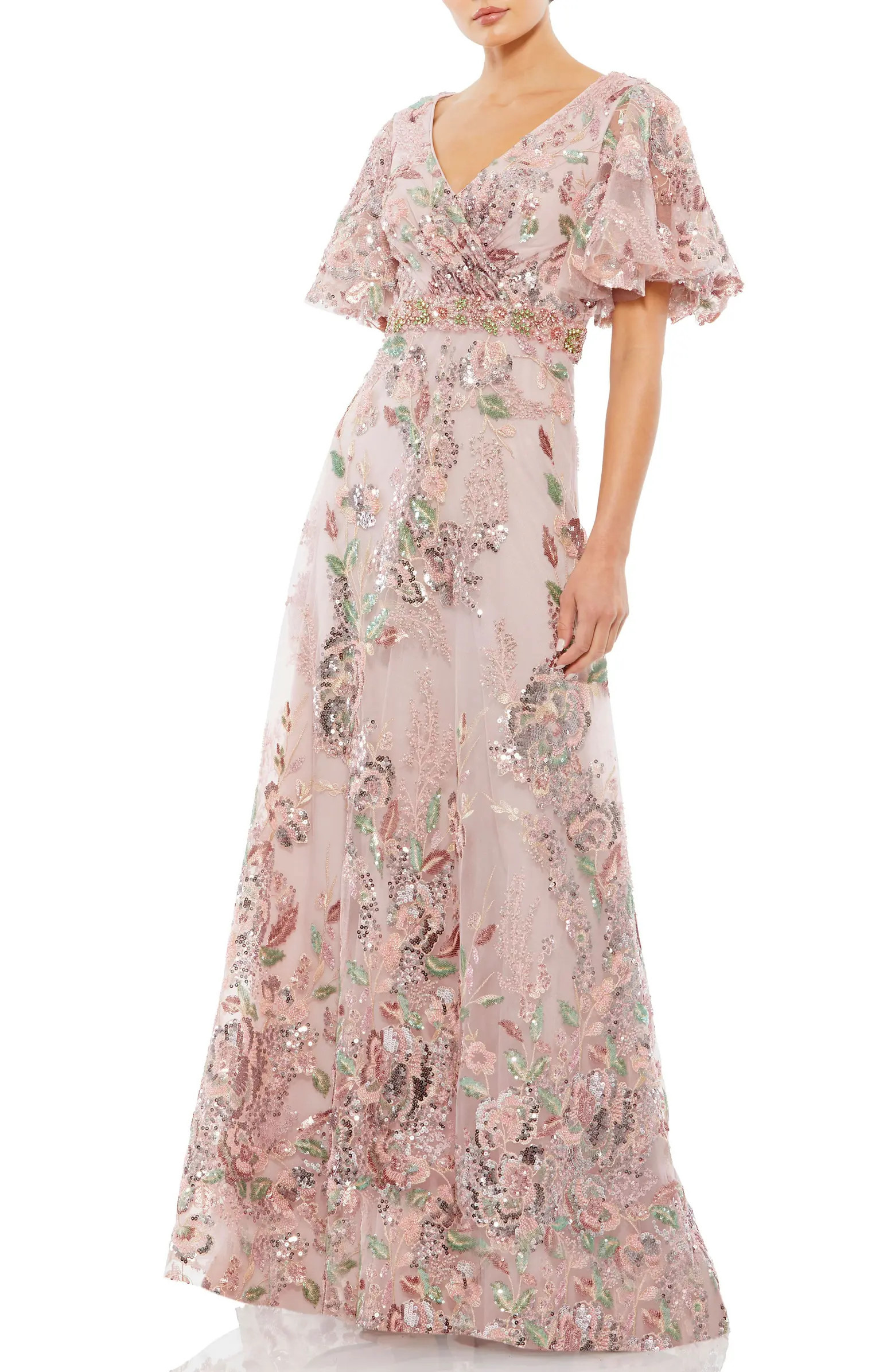 Floral Embellished Short Sleeve Faux Wrap Gown | Nordstrom