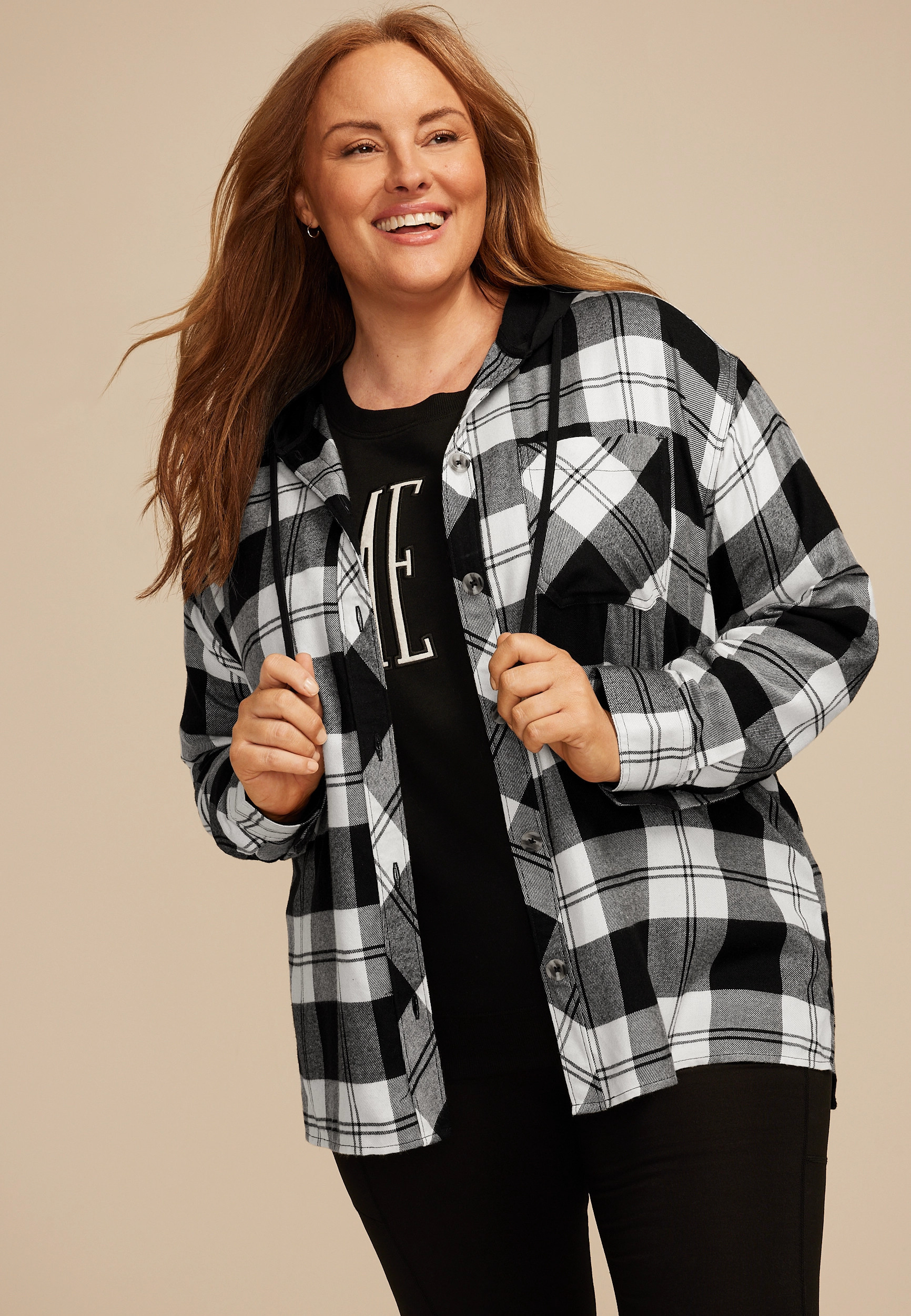 Maurices Plus Size Women's Plaid Hooded Boyfriend Button Down Shirt Size 1X | Maurices