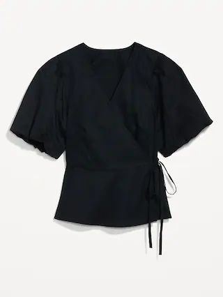 Waist-Defined Puff-Sleeve Tie-Wrap Blouse for Women | Old Navy (US)