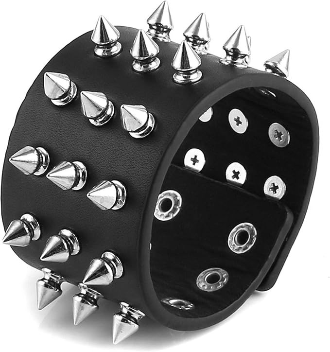 Amazon.com: HZMAN Unisex Black Metal Spike Studded Punk Rock Biker Wide Strap Leather Bracelet (5... | Amazon (US)