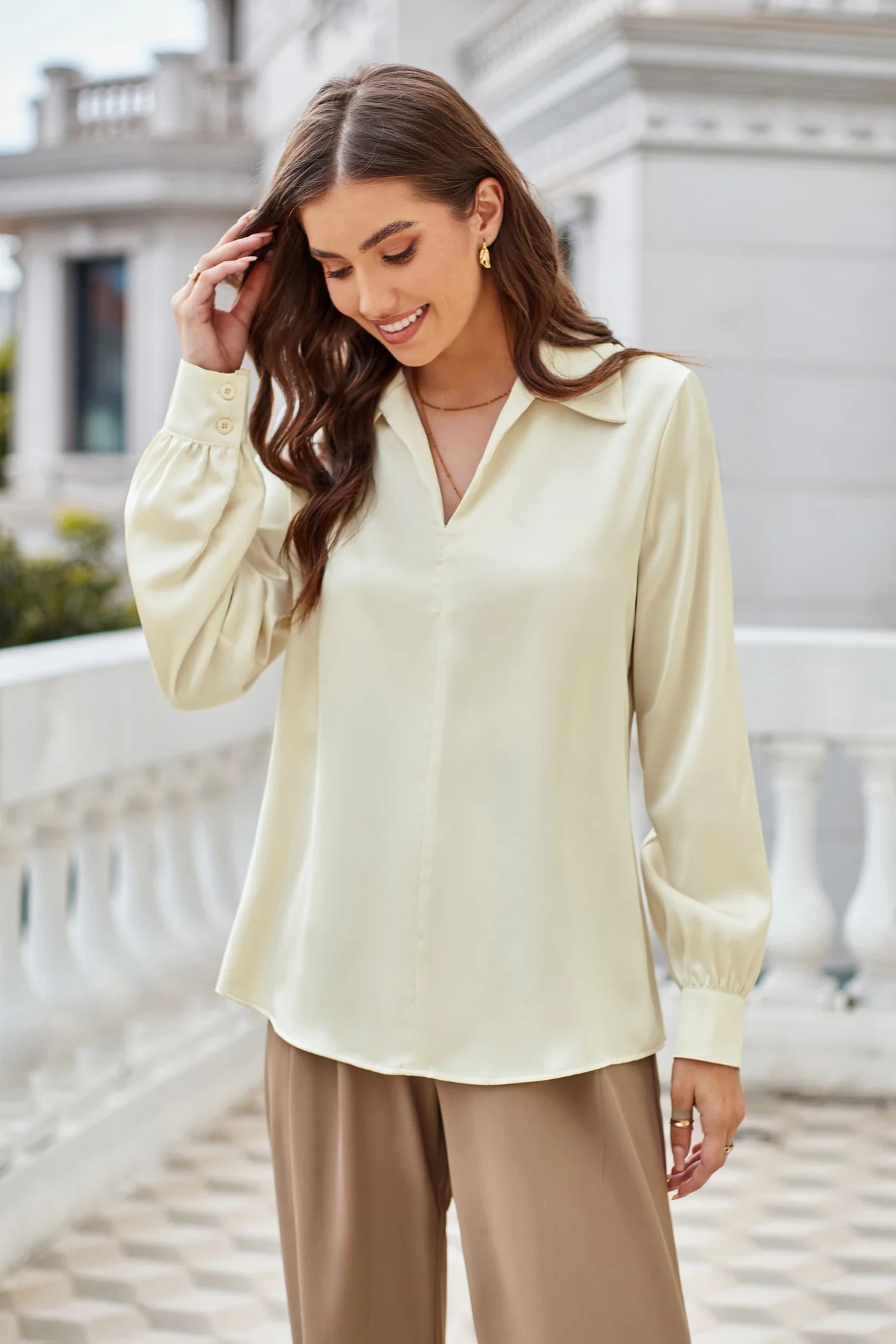 GK Women Lapel Collar Blouse Casual Loose Fit Comfy Long Sleeve V-Neck | GRACE KARIN