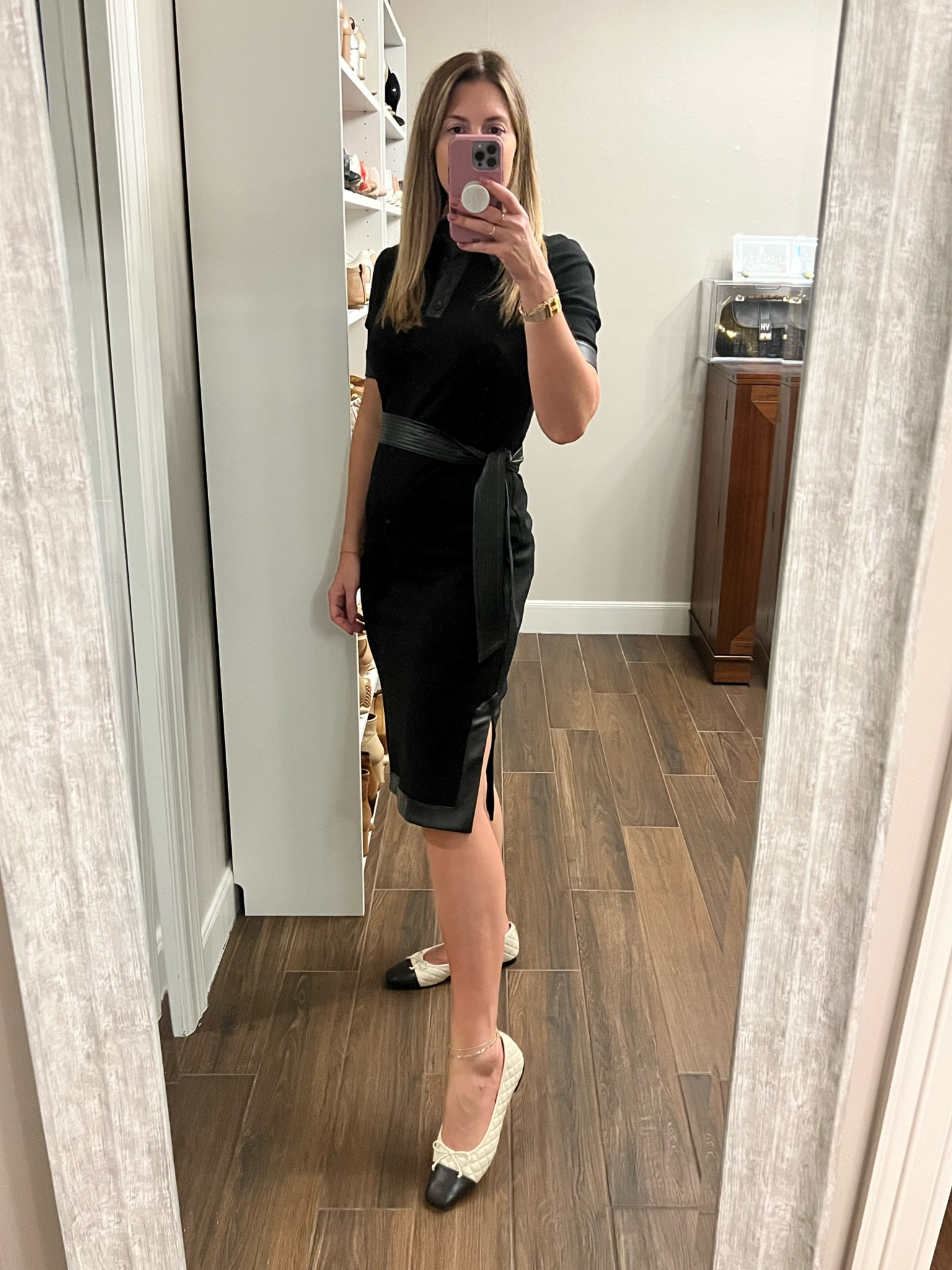 Kicking off the Jewish new year in this modest black dress with faux leather trim detail and a tie waist. Runs TTS. Wearing a size 6. 

My quilted cap toe flats have a cushioned insole making them very comfy! Run TTS. If in between sizes, size down. 

#LTKOver40 #LTKShoeCrush #LTKWorkwear