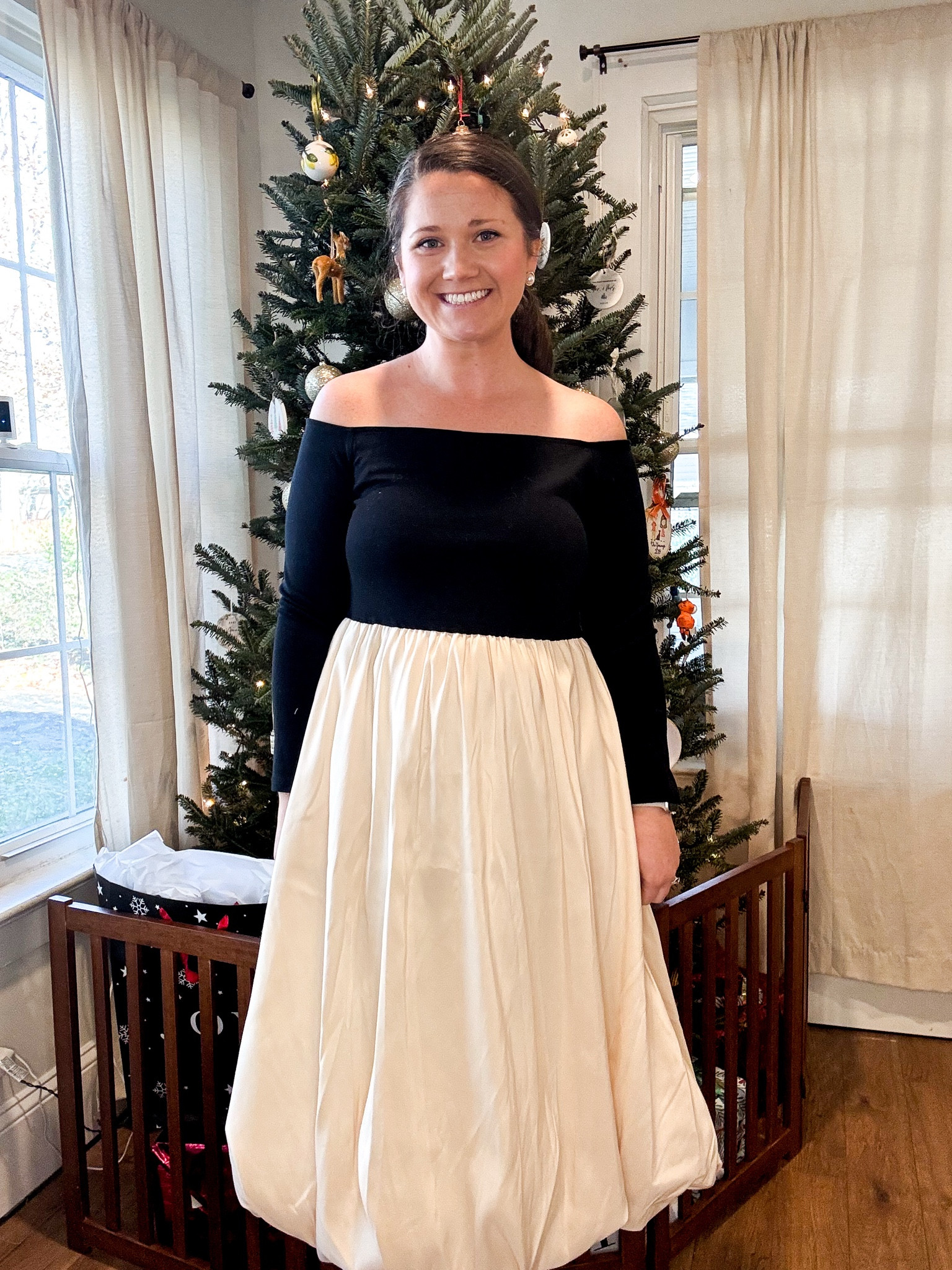 Winter dress. Black and white dress. Holiday outfit 