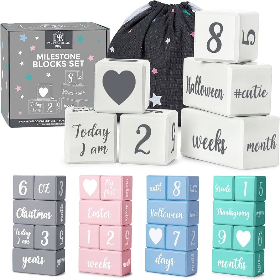 White Baby Monthly Milestone Blocks with Bag. Baby Age Blocks for Girl or Boy Baby Photo Props an... | Amazon (US)