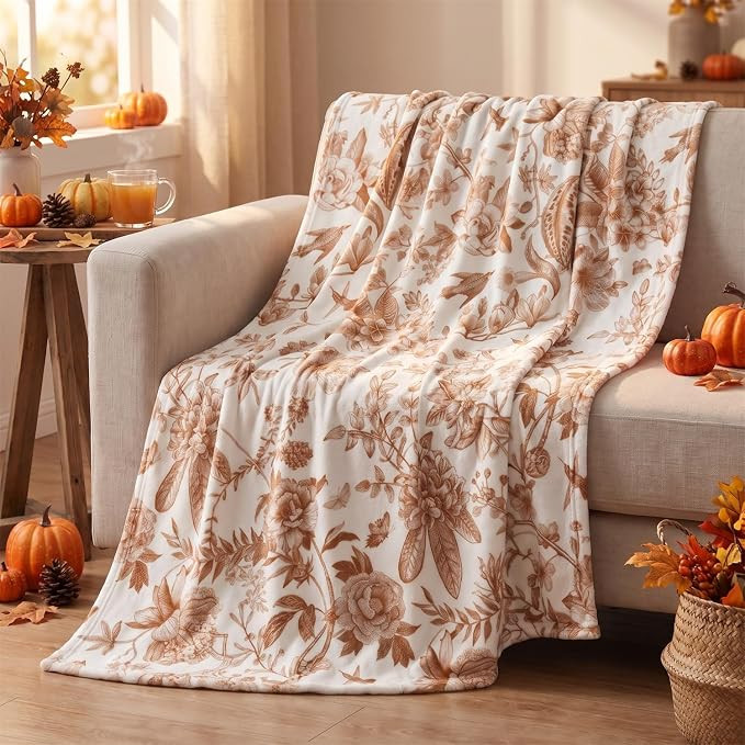 Horaldaily Fall Flannel Blanket Throw, Orange Hand-Drawn Flowers Soft Fuzzy Plush Cozy Fleece Bla... | Amazon (US)
