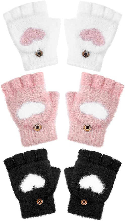 Geyoga 3 Pair Heart Fingerless Gloves Convertible Flip Top Gloves Winter Half Finger Mitten for B... | Amazon (US)