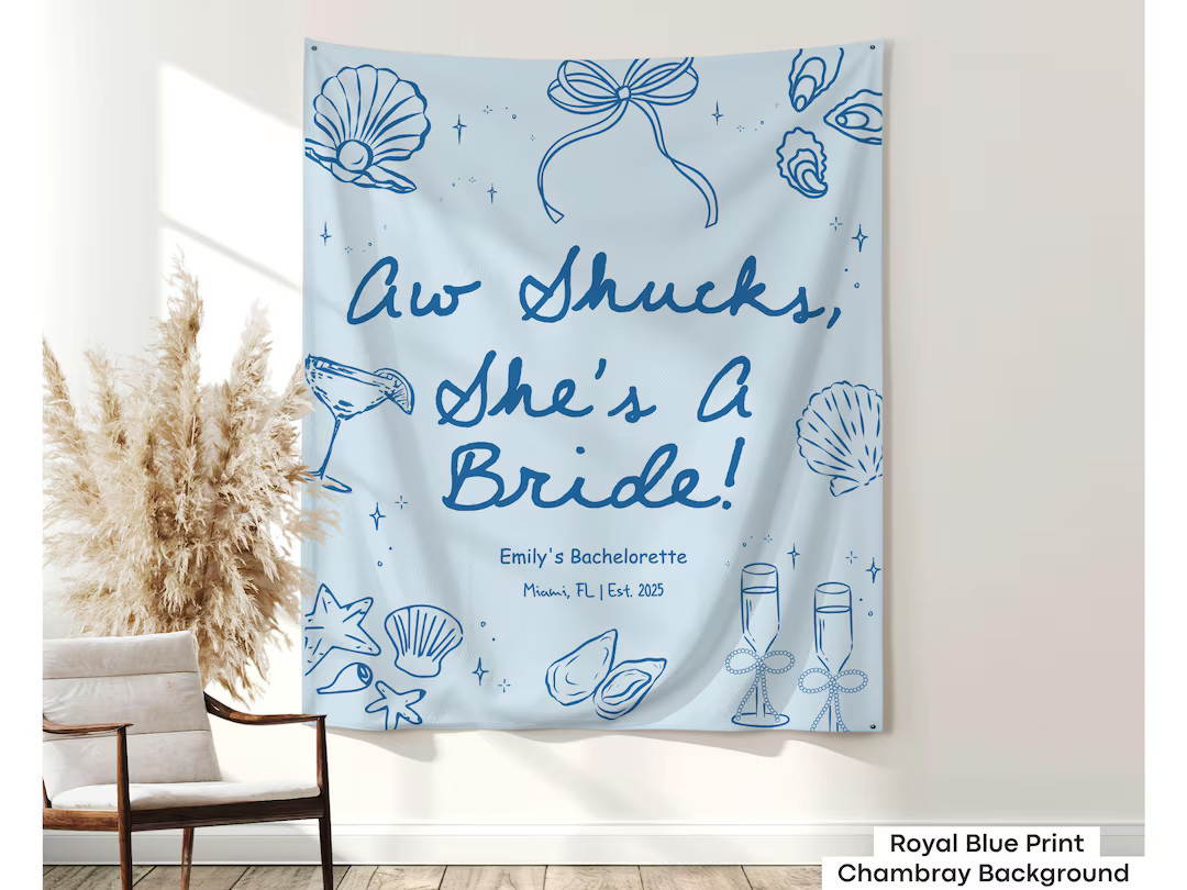 Custom Aw Shucks She's A Bride Tapestry Seashells Oyster Bachelorette Party Banner Coastal Nautic... | Etsy (US)