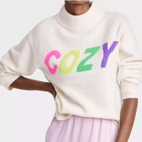 Cozy White Sweater with Multicolor Lettering | Poshmark