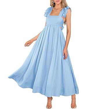 MITILLY Women's Summer Flutter Sleeve Square Neck Tie Back Casual Pleated A-Line Flowy Maxi Dress... | Amazon (US)