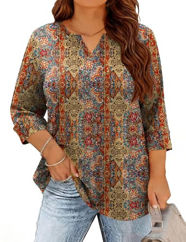 TFSDOD Oversized Tshirts for Women 3/4 Length Sleeve Womens Plus Size Tops Bohemian Clothes V Neck Spring Outfits Retro Print 3XL | Amazon (US)