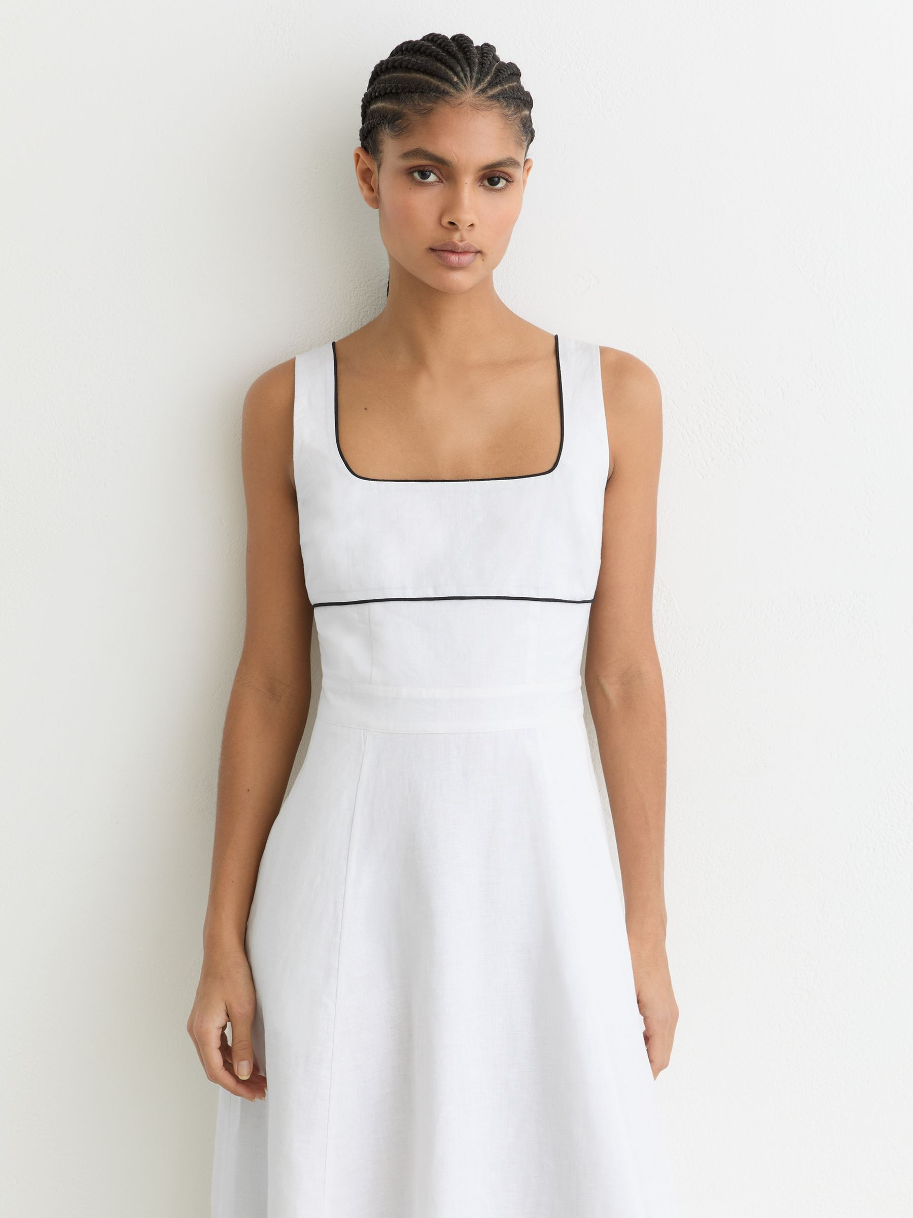 Reiss Linen Contrast-Trim Midi Dress in Ivory - REISS | Reiss UK