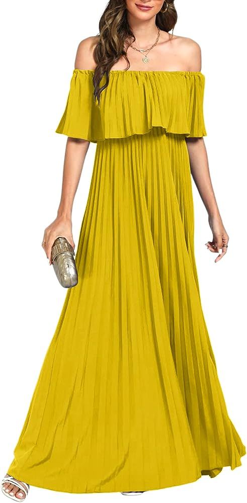 Vrtige Women's Sexy Off Shoulder Pleated Sleeveless Ruffle Hem Maxi Long Dress | Amazon (US)