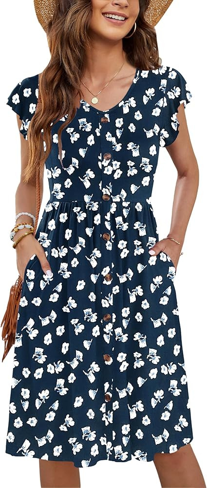 WNEEDU Women Summer Dresses Sleeveless Casual Loose Swing Button Down Midi Dress with Pockets | Amazon (US)