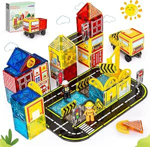 Magnetic Tiles Road Set with Fire Trucks & 2 Dolls, Double-Sided Magnet Tiles with 2 Cranes, Toys... | Amazon (US)