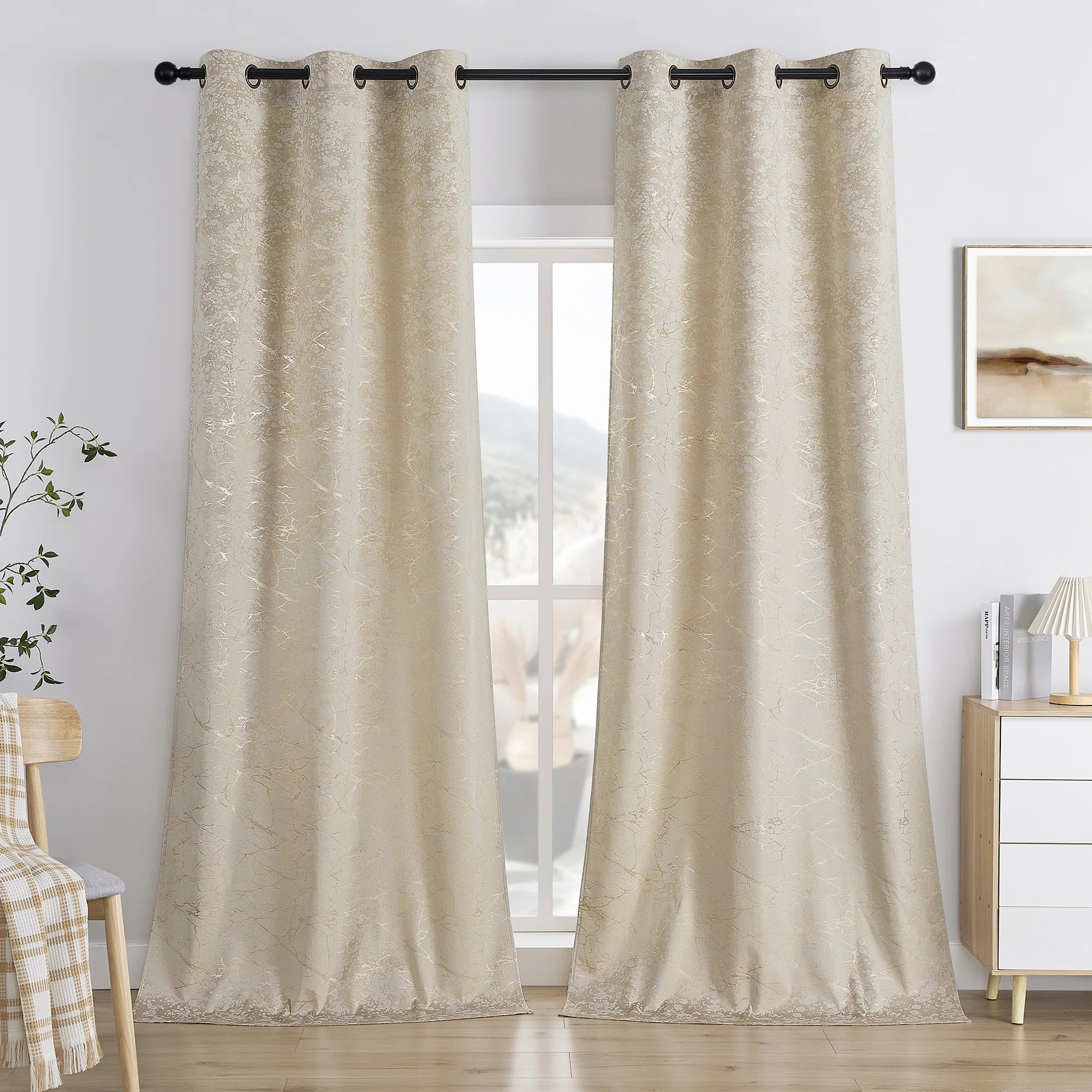 Deavion Velvet Curtains Metal Grommets Room Darkening with Gold Foil Print 2 Panel Set (Set of 2) | Wayfair North America