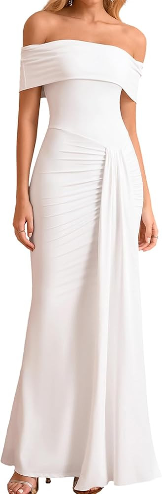 GLNEGE Off The Shoulder Formal Wedding Guest Maxi Dress for Women Fall Elegant Ruched Bodycon Coc... | Amazon (US)