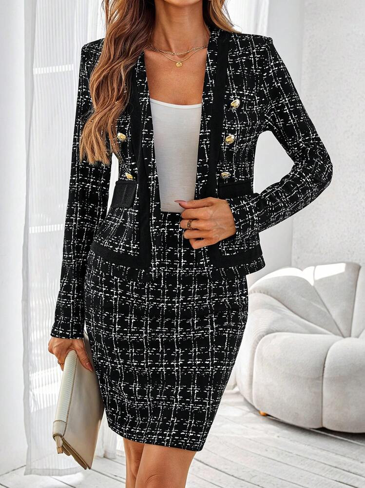 SHEIN Clasi 2pcs Women's Plaid Print Double Breasted Long Sleeve Top And Mini Skirt Elegant Set ,... | SHEIN