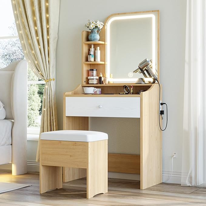 LIKIMIO Small Makeup Vanity Desk with Mirror and Lights, Vanity Table Set with Storage Drawer, Ch... | Amazon (US)