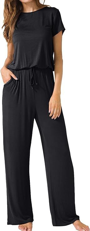 LAINAB Women's O Neck Loose Wide Legs Casual Jumpsuits with Pockets | Amazon (US)
