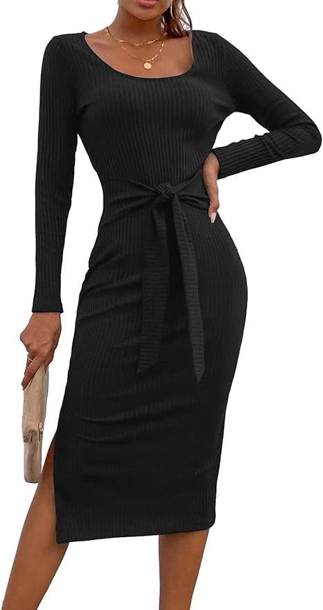 PRETTYGARDEN Women's Long Sleeve Square Neck Slit Bodycon Sweater Dress Tie Waist Ribbed Slim Fit... | Amazon (US)