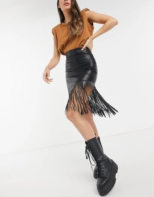 ASOS DESIGN leather look midi skirt with fringe detail in black | ASOS (Global)