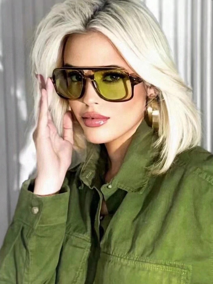 1pc Square Oversized Frame Wide Temple Fashionable Green Sunglasses Elegant | SHEIN