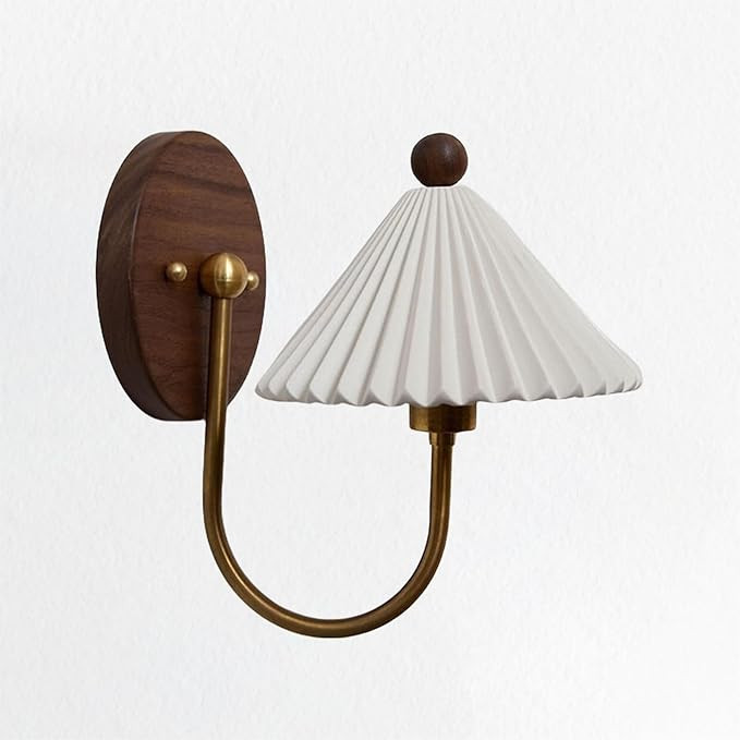 Brushed Brass Prairie Ceramic Wall Sconce, Vintage Wall Lamp Light with White Pleated Shade, Hand... | Amazon (US)