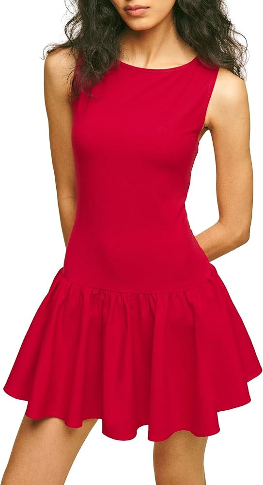 Meladyan Women’s 2024 Summer Flowy Mini Tank Dress Boat Neck Sleeveless Solid Puffy Short Dress | Amazon (US)