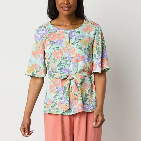 Liz Claiborne Womens Tall Keyhole Neck Short Sleeve Satin Blouse, X-large Tall, Green | JCPenney