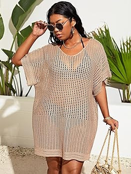 SOLY HUX Women's Plus Size Short Sleeve Hollow Out Split Beach Swimsuit Bikini Cover Up | Amazon (US)