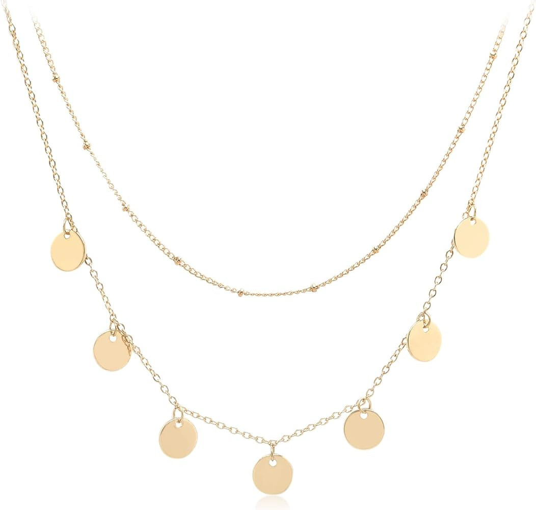Amazon.com: Aisansty Dainty Layered Gold Coin Choker Necklace Handmade Simple Discs Beaded Adjust... | Amazon (US)