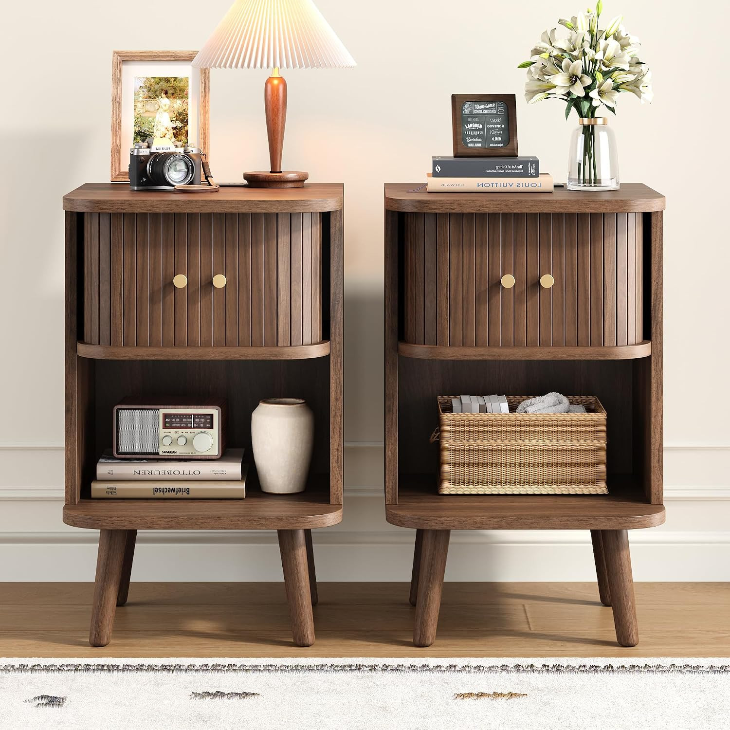 Decofy Fluted Nightstand Set of 2, Charging Station & Sliding Doors, Walnut | Amazon (US)