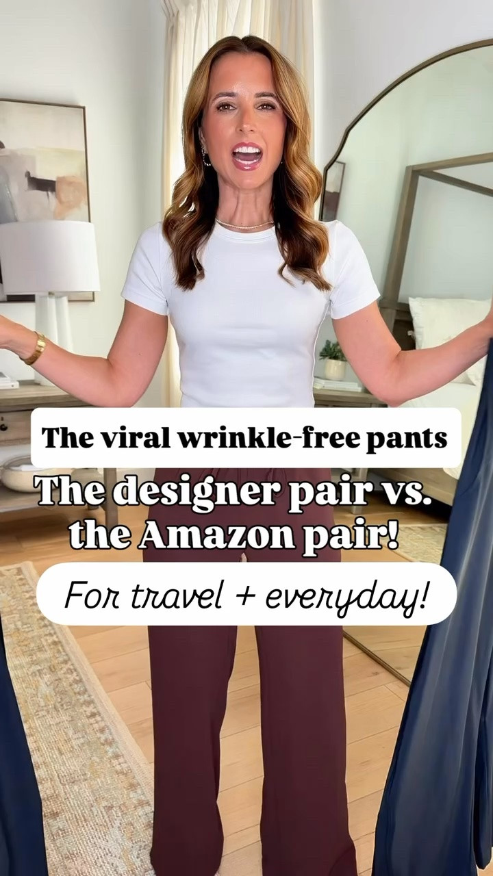 Ruti on the loose pants vs. Amazon pair! Use code Welcome45 on Ruti pants! Travel pants. Travel outfit. Everyday outfit. Elevated casual outfit. Barrel leg pants. Ribbed white t-shirt in XXS. Airport outfit. Mom outfit. Summer outfit. Fall outfit.

*The Ruti are 100% worth the splurge if in your budget! Wrinkle free fabric that comes in petite, standard, and long. I prefer standard length in these and I am 5’3. These have an effortless drapery and tailored look to them. Wearing size 0 standard length.

*The Amazon pair is a great budget-friendly alternative but not as tapered or tailored of a fit. These do not come in length options. I prefer folding the waistband over to being the length up a little bit. Wearing XS.

#LTKootd #LTKPetite #LTKTravel