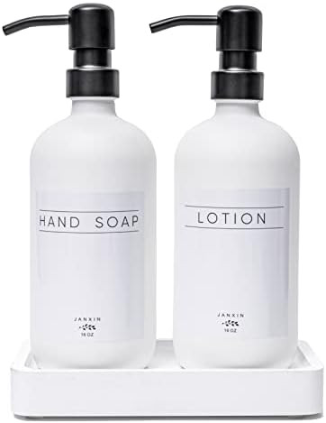 Amazon.com: Janxin Glass Soap Dispenser for Kitchen with Stainless Steel Pump and Wood Tray, Mode... | Amazon (US)