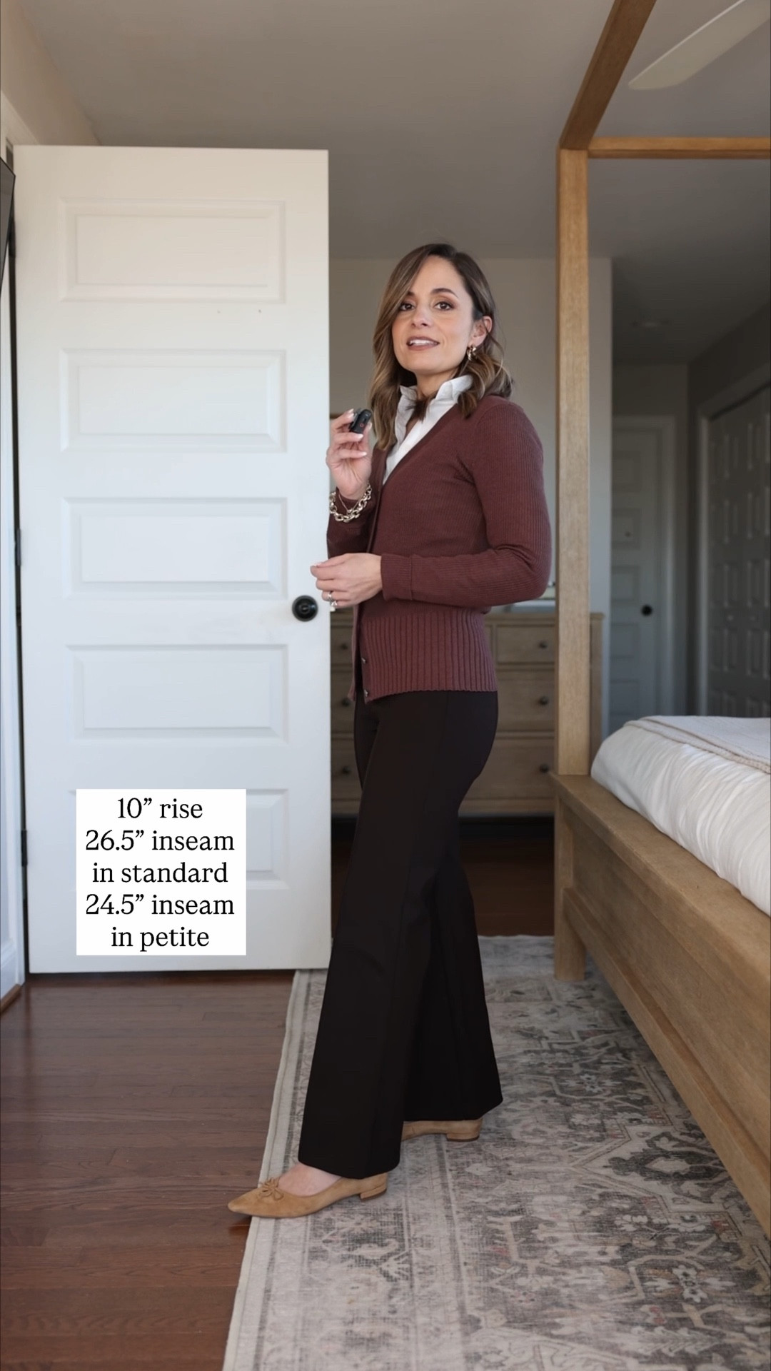 Winter workwear capsule wardrobe series: brown pants eight ways!

Brown pants (Banana Republic): xs (10” rise, 26.5” inseam) 

7 tops 
Tan V-neck cardigan (Quince): xs in oatmeal 
Green sweater (J.Crew Factory): xxs
Black cardigan (Gap): xxs (recommend a size up) 
Mauve cardigan (Madewell): xxs 
Gray cardigan (Quince): xs 
Taupe cardigan (Quince): xxs in nomad taupe 
White button down (J.Crew Factory): petite xxs 

3 base layers 
Brown top (Amazon): xs 
Black turtleneck (J.Crew Factory): xxs 
White top (Quince): xs 

3 blazers 
Plaid blazer (BR Factory): petite 00 (mostly sold out in petite) 
Tan blazer (J.Crew): petite 00 
Brown blazer (Banana Republic): petite xxs (recommend a size up) 

My measurements for reference: I’m 4’10” and 105lbs. My bust, waist, and hip measurement is 32”, 24”, and 36”.

#LTKPetite #LTKWorkwear