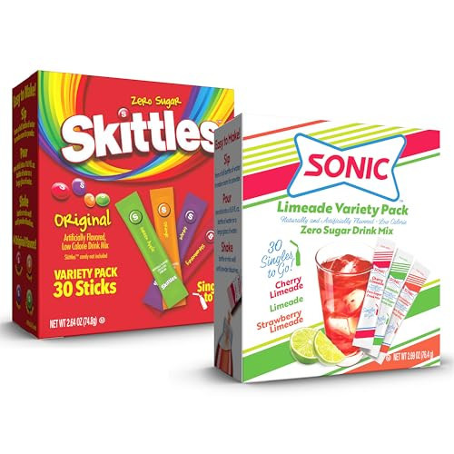 Sonic & Skittles Original Singles To Go, 60 Count Variety Pack, Watertok Powdered Drink Mix, Includes Limeade, Cherry Limeade, Strawberry Limeade, Green Apple, Strawberry, Grape, Orange | Amazon (US)