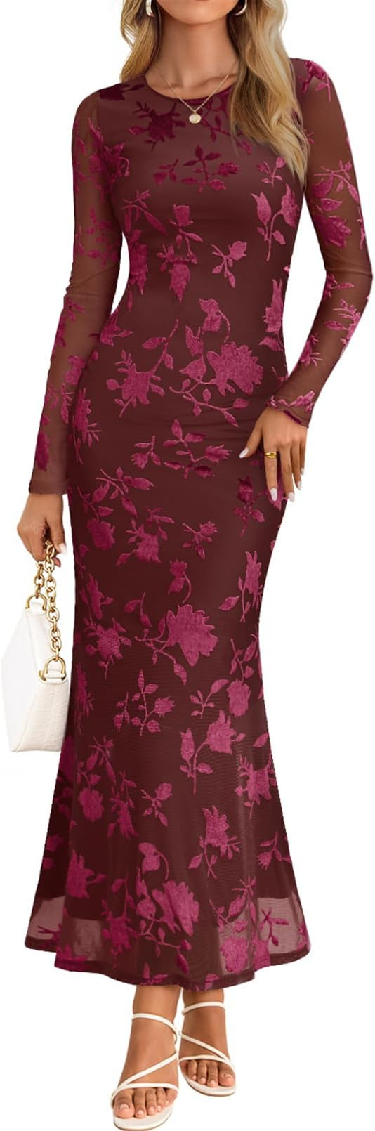 MEROKEETY Women's 2026 Spring Wedding Guest Maxi Dress Long Sleeve Bodycon Floral Mesh Fall Cockt... | Amazon (US)