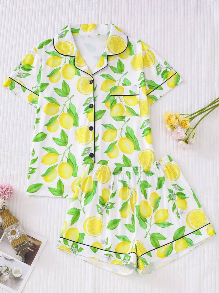 2pcs Women Peach Print Pajama Set, Comfortable Collared Short Sleeve Top And Loose Shorts, Beauti... | SHEIN