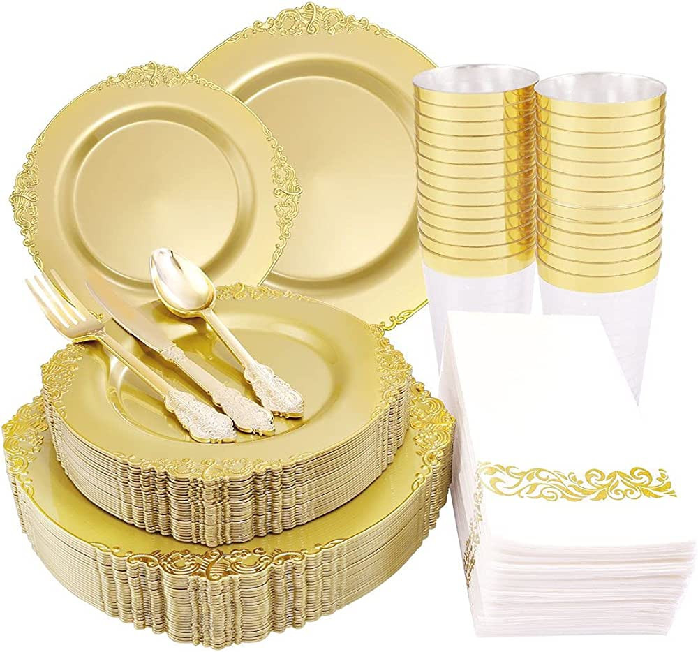 Morejoy 175PCS Solid Gold Plastic Plates with Gold Rim - Disposable Silverware Include 25 Dinner ... | Amazon (US)