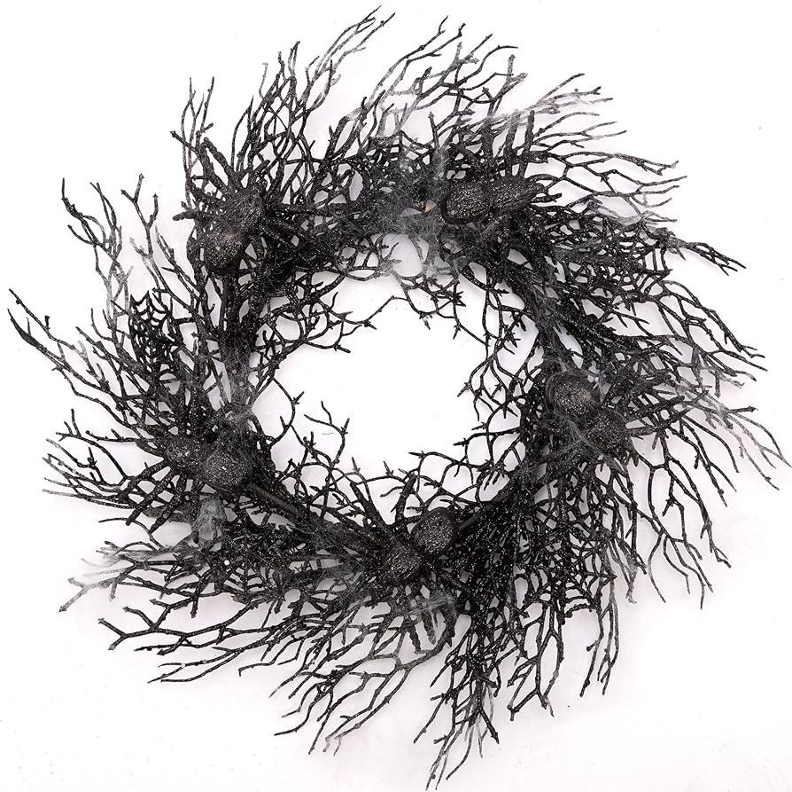 Skrantun 18 Inch Halloween Wreath Black Wreath with Spiders and Webs Door Wreath with Halloween D... | Amazon (US)