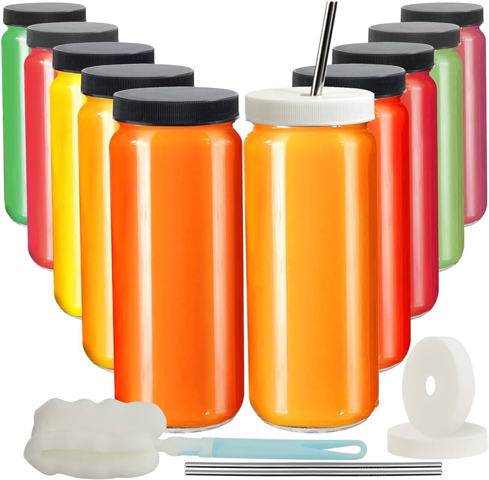 Ruckae 16oz 10 Pack Juice Bottles, Glass Bottles with Lids, Smoothie Cup Lids and Straws, Water B... | Amazon (US)